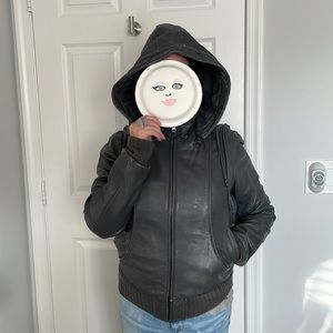 5|48 Gray Hooded Leather Jacket with removable sleeves and hood